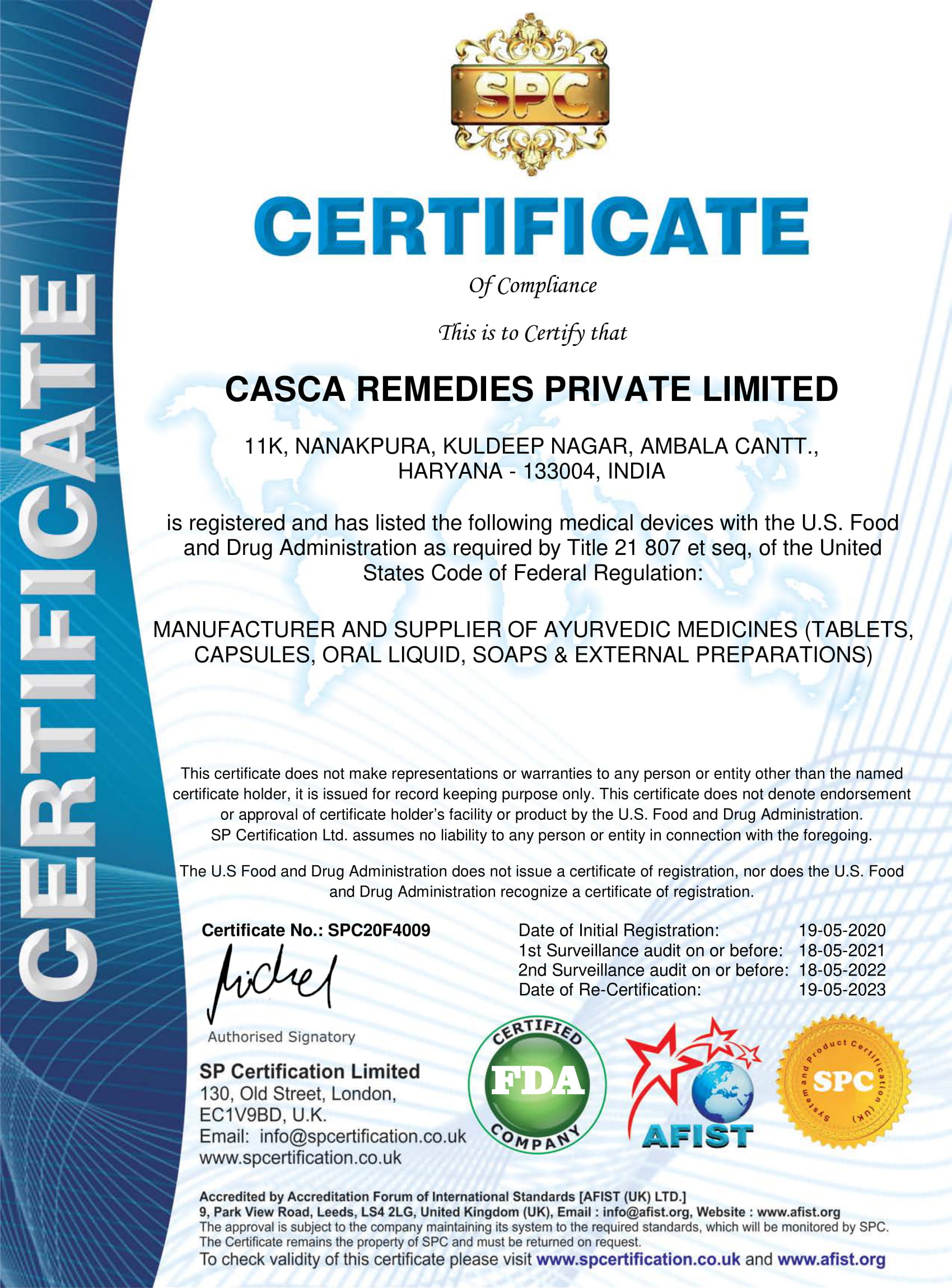 cert fda certificate of casca